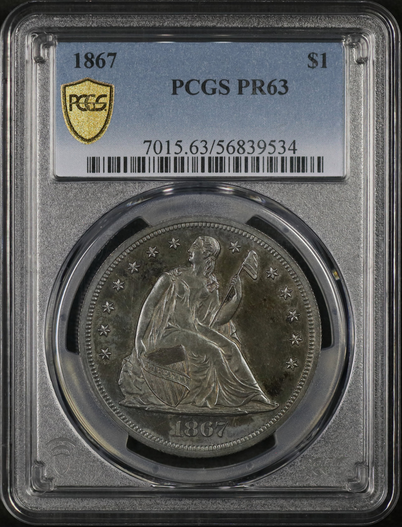 Obverse of this 1867 Liberty Seated Dollar PCGS PR-63