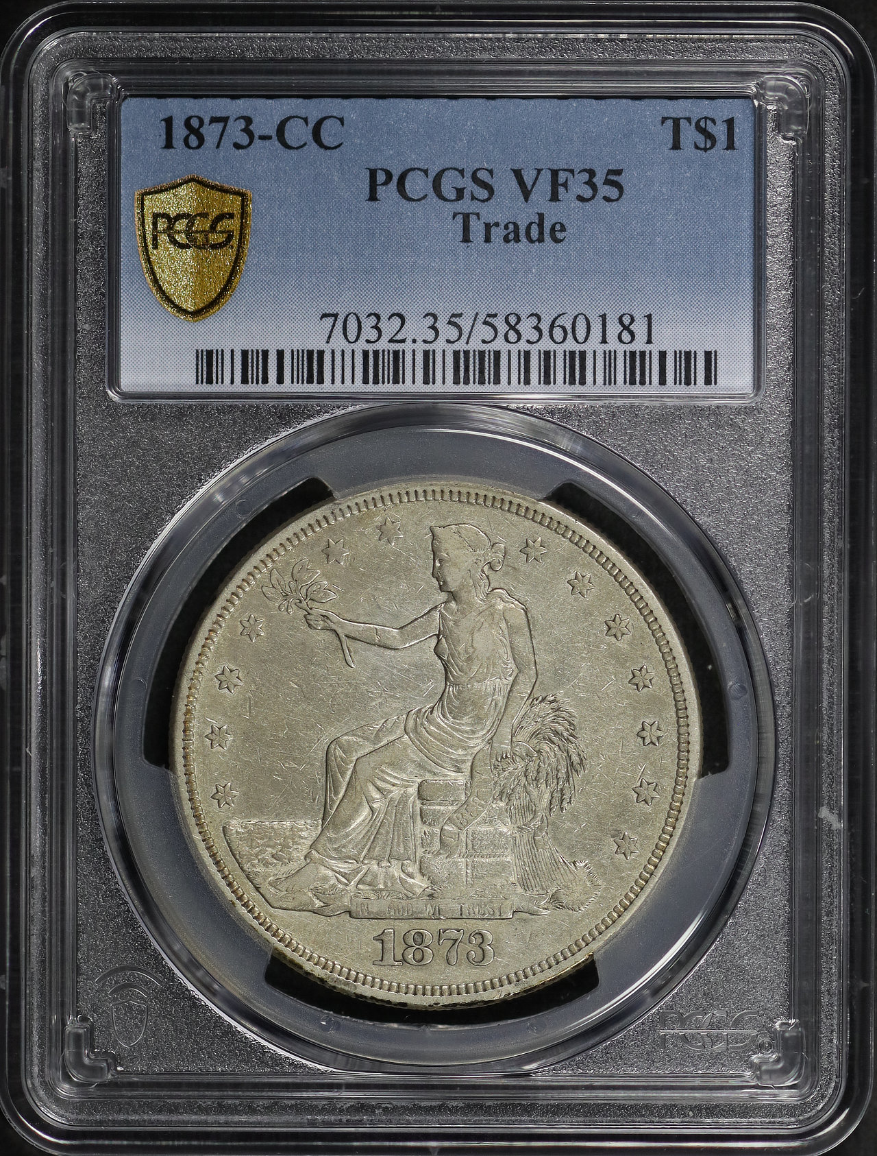 Obverse of this 1873-CC Trade Dollar PCGS VF-35