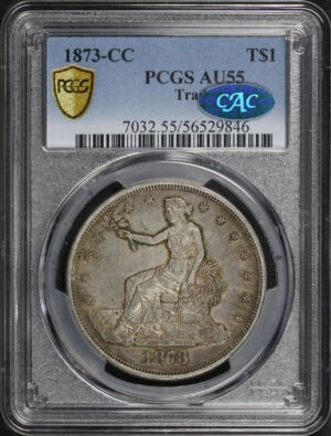 Obverse of this 1873-CC Trade Dollar PCGS AU-55 CAC
