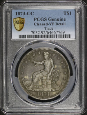 Obverse of this 1873-CC Trade Dollar PCGS VF Details Cleaned 