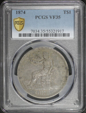 Obverse of this 1874 Trade Dollar PCGS VF-35