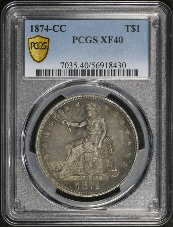 Obverse of this 1874-CC Trade Dollar PCGS XF-40