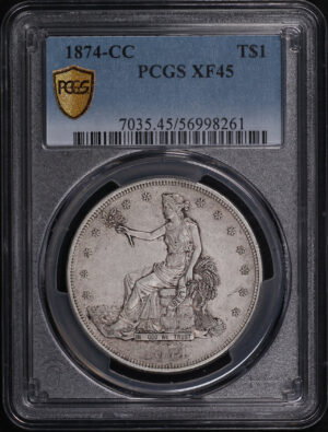 Obverse of this 1874-CC Trade Dollar PCGS XF-45