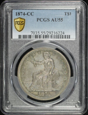 Obverse of this 1874-CC Trade Dollar PCGS AU-55