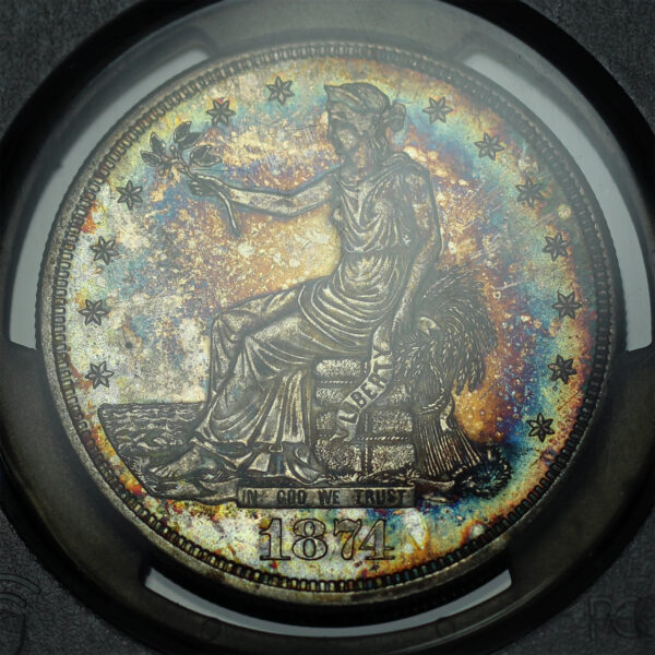 Gallery image of this 1874-CC Trade Dollar PCGS AU-58 Obverse Bullseye Rainbow Toning