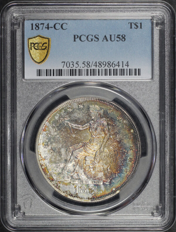 Obverse of this 1874-CC Trade Dollar PCGS AU-58 Obverse Bullseye Rainbow Toning