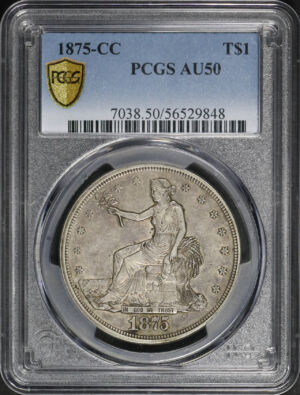 Obverse of this 1875-CC Trade Dollar PCGS AU-50