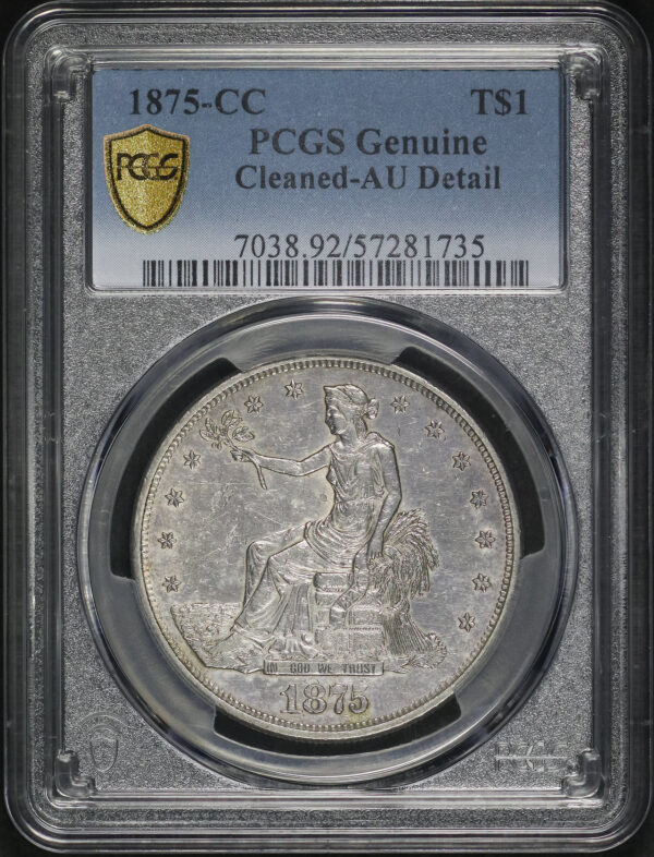 Obverse of this 1875-CC Trade Dollar PCGS AU Details Cleaned