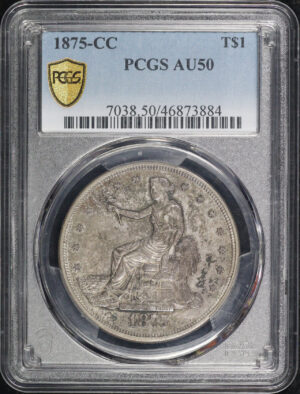 Obverse of this 1875-CC Trade Dollar PCGS AU-50