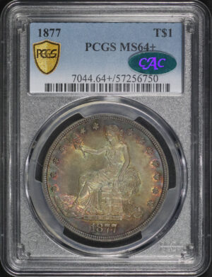 Obverse of this 1877 Trade Dollar PCGS MS-64+ CAC Rainbow Toned 
