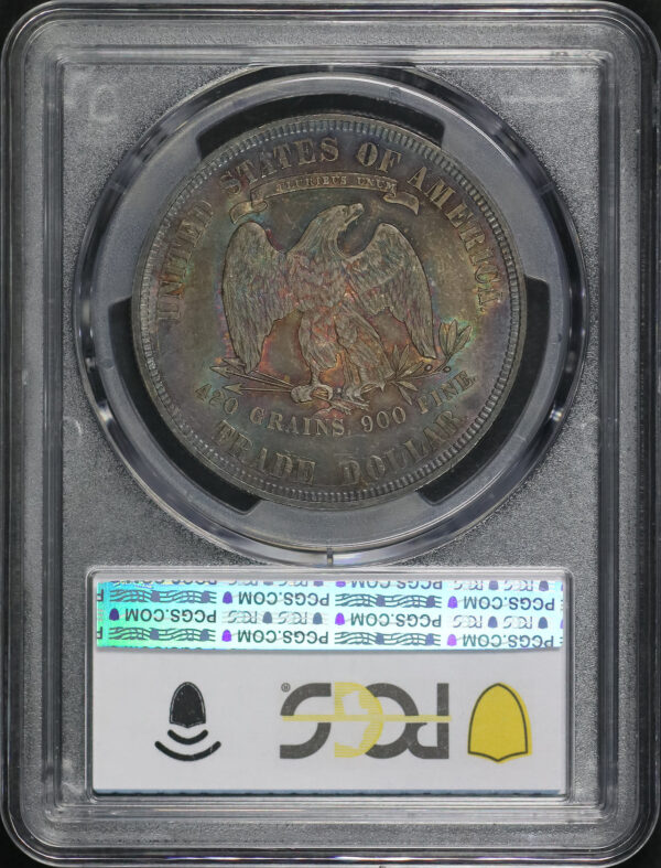 Reverse of this 1877 Trade Dollar PCGS MS-64+ CAC Rainbow Toned 