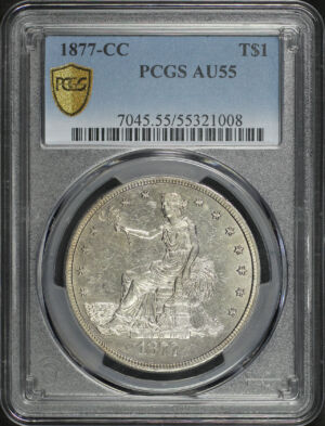 Obverse of this 1877-CC Trade Dollar PCGS AU-55
