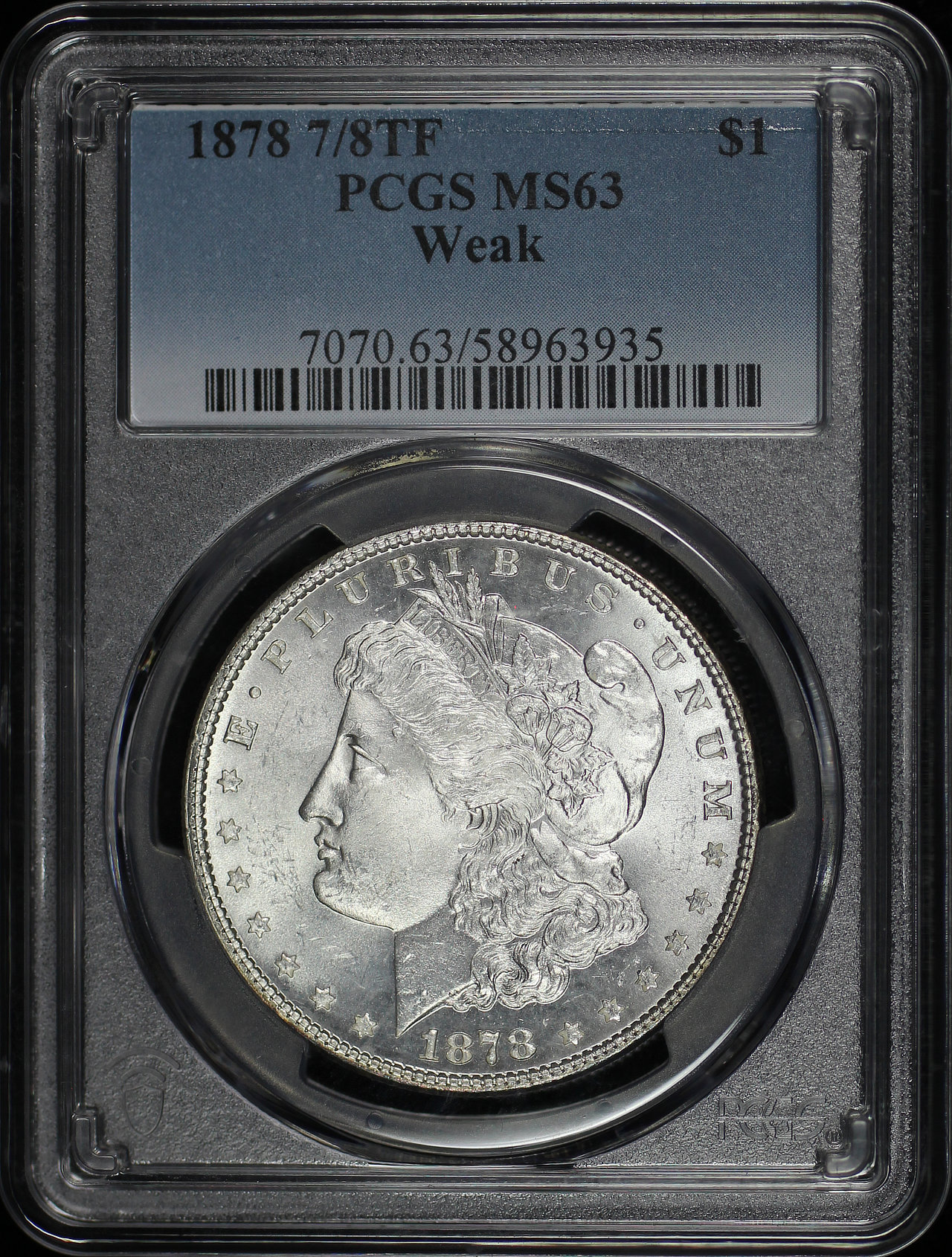 Obverse of this 1878 7/8TF Weak Morgan Dollar PCGS MS-63