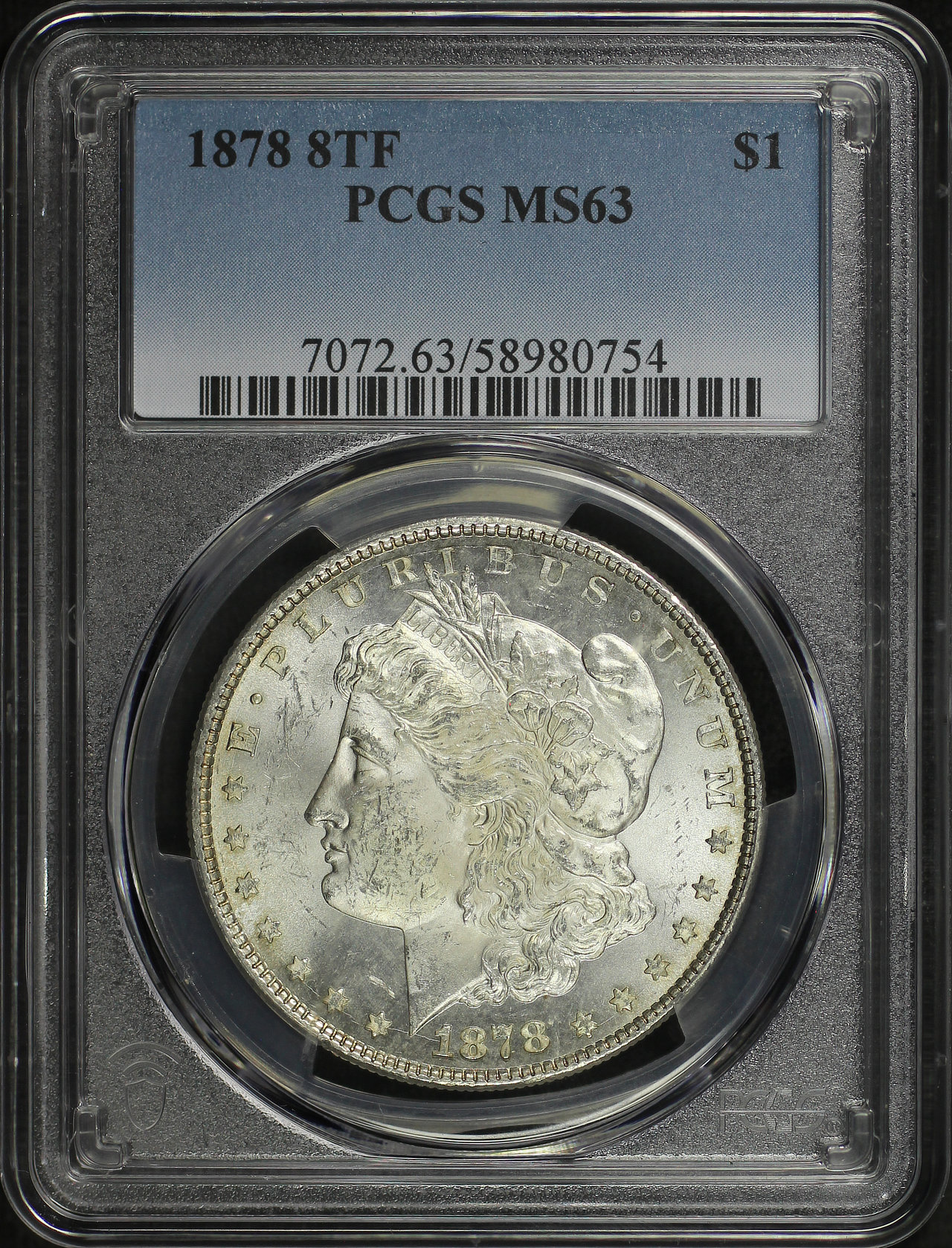 Obverse of this 1878 8TF Morgan Dollar PCGS MS-63