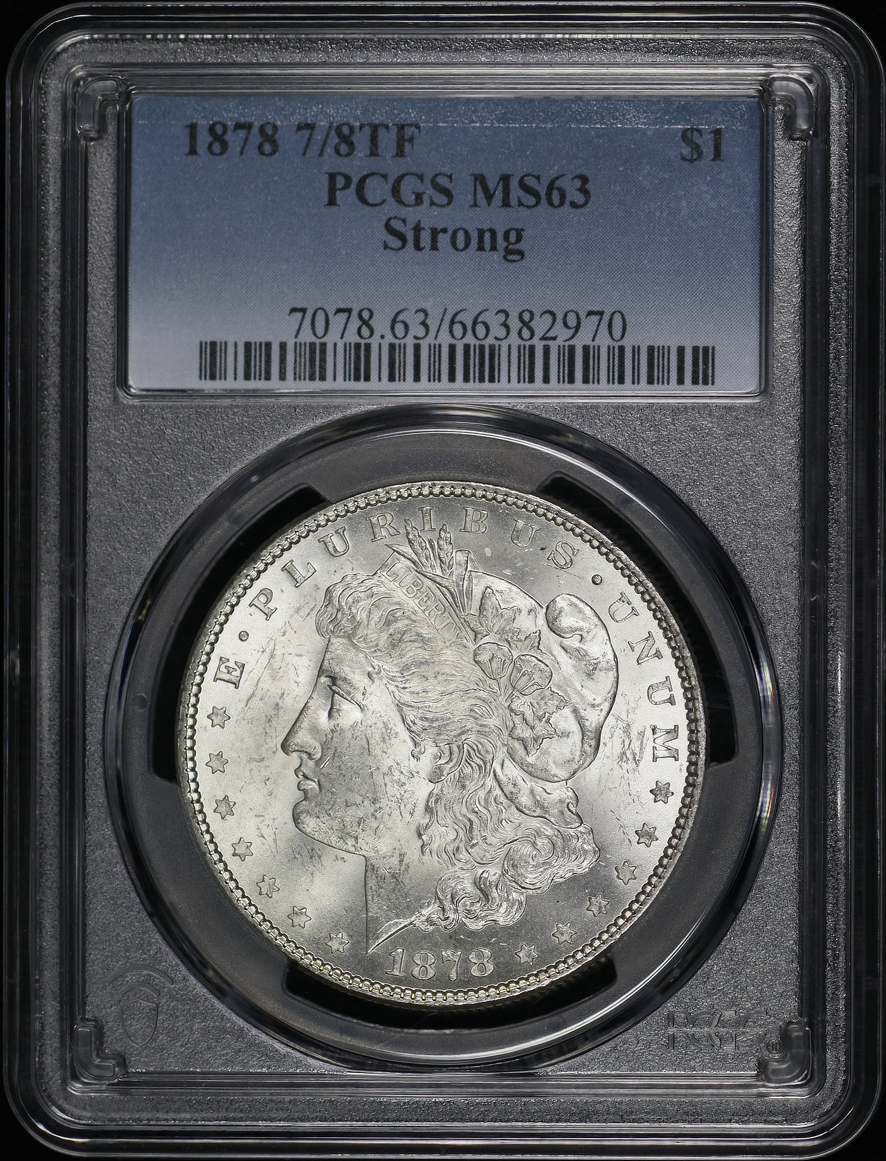 Obverse of this 1878 7/8TF Strong Morgan Dollar PCGS MS-63