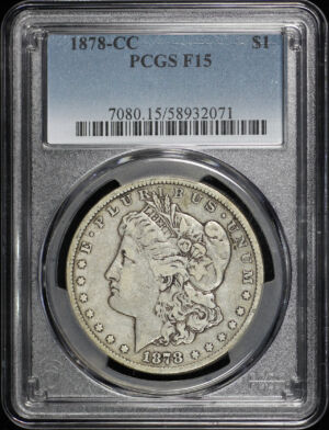 Obverse of this 1878-CC Morgan Dollar PCGS F-15