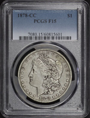 Obverse of this 1878-CC Morgan Dollar PCGS F-15
