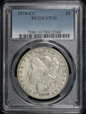 Obverse of this 1878-CC Morgan Dollar PCGS VF-30