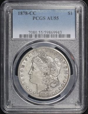 Obverse of this 1878-CC Morgan Dollar PCGS AU-55