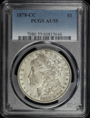 Obverse of this 1878-CC Morgan Dollar PCGS AU-55