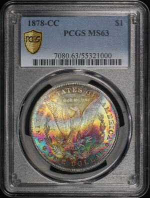 Obverse of this 1878-CC Morgan Dollar PCGS MS-63 Reverse Rainbow Toning