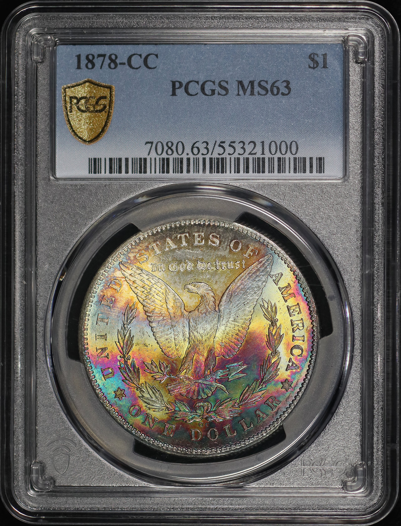 Obverse of this 1878-CC Morgan Dollar PCGS MS-63 Reverse Rainbow Toning
