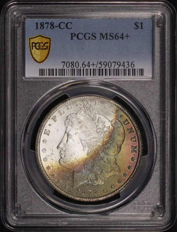Obverse of this 1878-CC Morgan Dollar PCGS MS-64+ Crescent Red & Green Toning