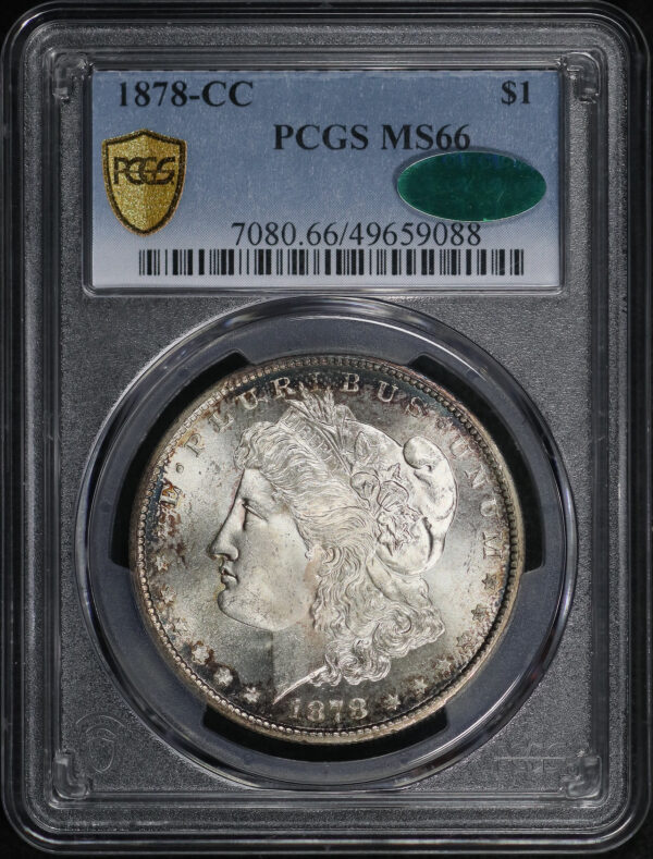 Obverse of this 1878-CC Morgan Dollar PCGS MS-66 CAC Blue & Violet Rim Toning
