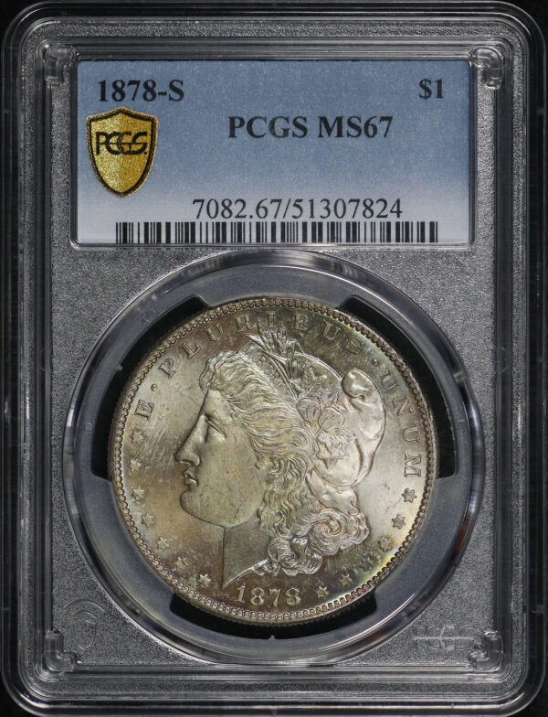 Obverse of this 1878-S Morgan Dollar PCGS MS-67 Green & Blue Toning Obverse