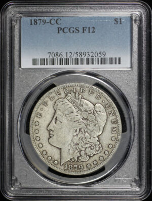 Obverse of this 1879-CC Morgan Dollar PCGS F-12
