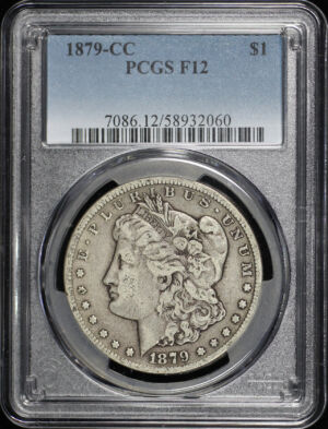 Obverse of this 1879-CC Morgan Dollar PCGS F-12