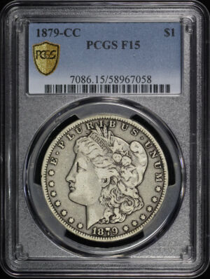 Obverse of this 1879-CC Morgan Dollar PCGS F-15