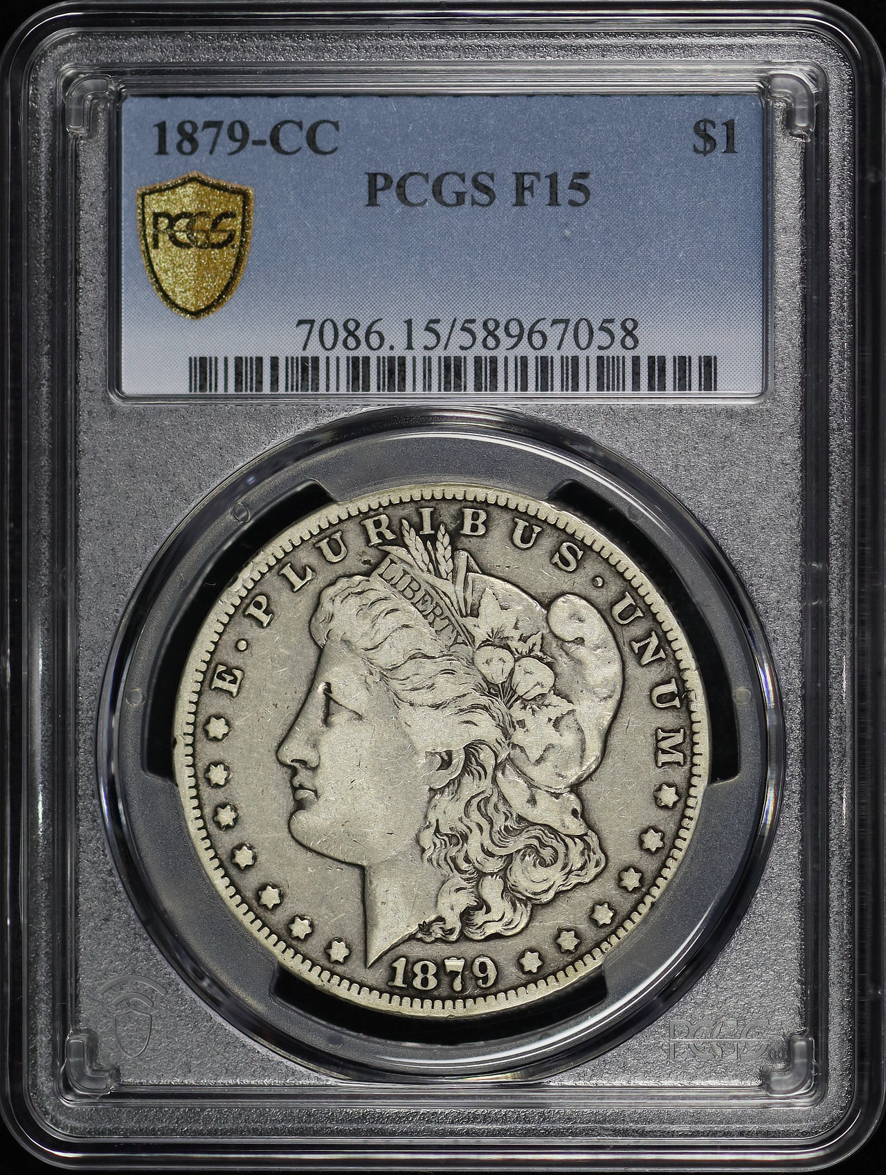 Obverse of this 1879-CC Morgan Dollar PCGS F-15