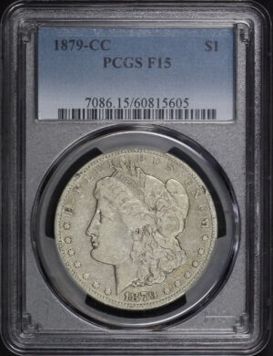 Obverse of this 1879-CC Morgan Dollar PCGS F-15