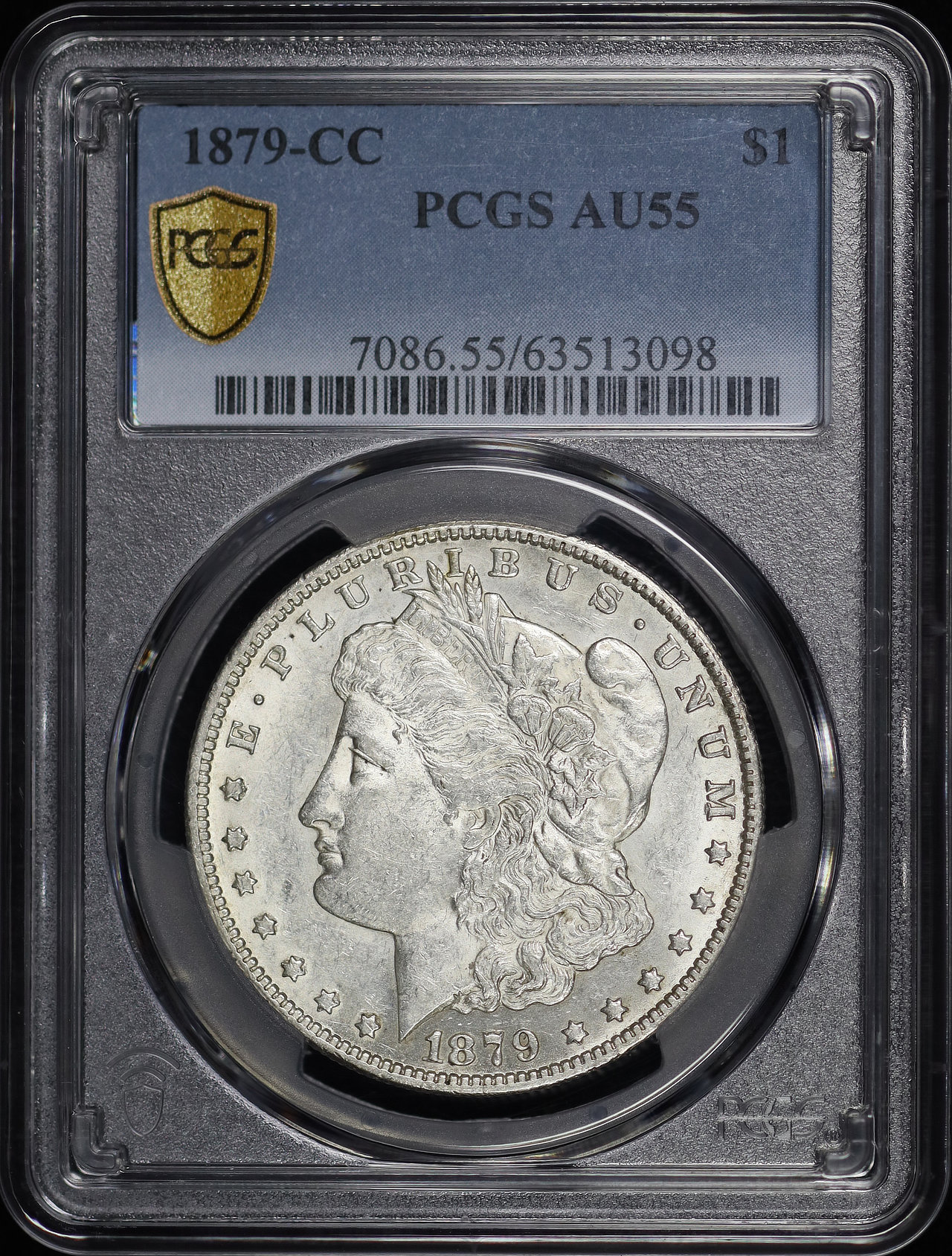 Obverse of this 1879-CC Morgan Dollar PCGS AU-55