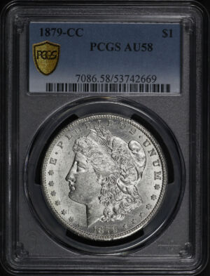 Obverse of this 1879-CC Morgan Dollar PCGS AU-58