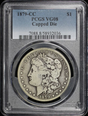 Obverse of this 1879-CC Morgan Dollar Capped Die PCGS VG-08