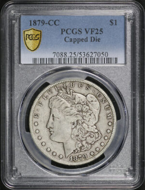 Obverse of this 1879-CC Morgan Dollar Capped Die PCGS VF-25