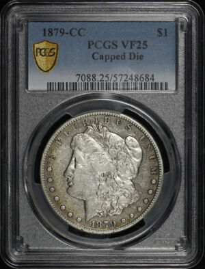 Obverse of this 1879-CC Morgan Dollar Capped Die PCGS VF-25