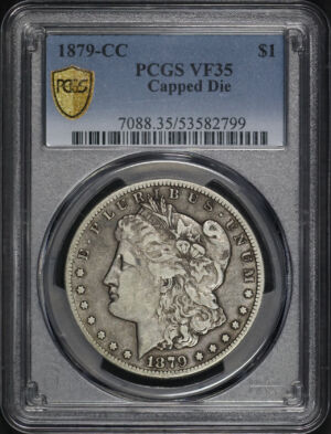 Obverse of this 1879-CC Morgan Dollar Capped Die PCGS VF-35