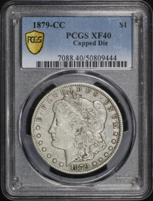 Obverse of this 1879-CC Morgan Dollar Capped Die PCGS XF-40