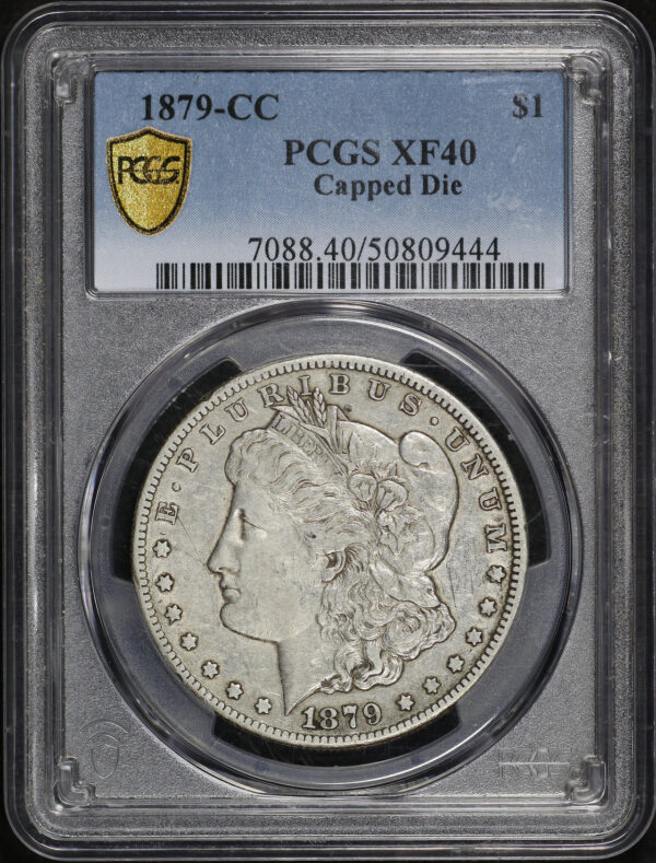 Obverse of this 1879-CC Morgan Dollar Capped Die PCGS XF-40