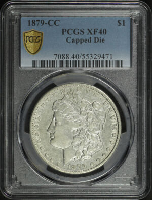 Obverse of this 1879-CC Morgan Dollar Capped Die PCGS XF-40