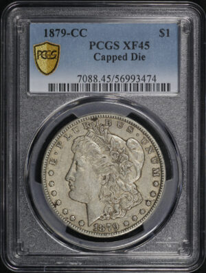 Obverse of this 1879-CC Morgan Dollar Capped Die PCGS XF-45