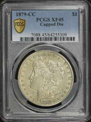 Obverse of this 1879-CC Morgan Dollar Capped Die PCGS XF-45