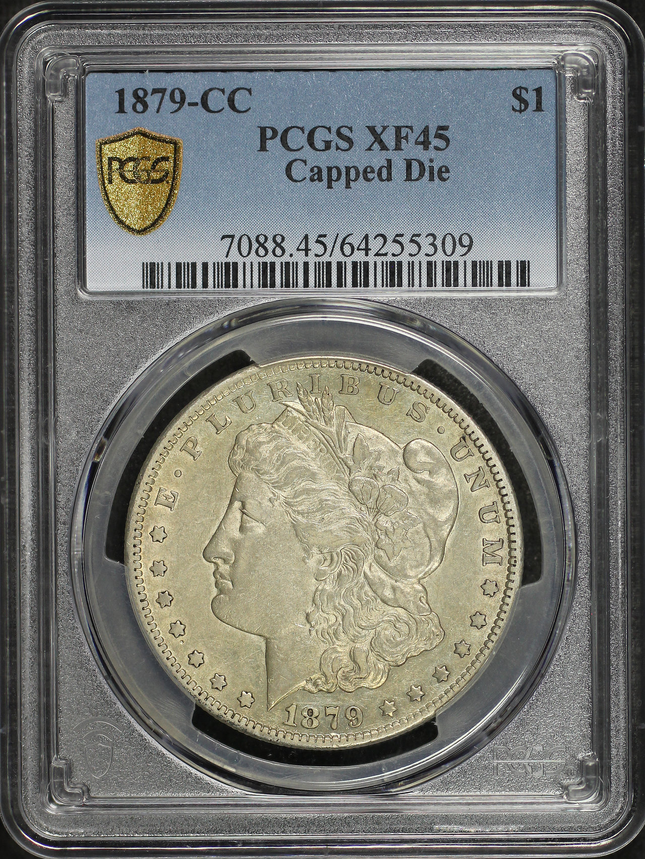 Obverse of this 1879-CC Morgan Dollar Capped Die PCGS XF-45