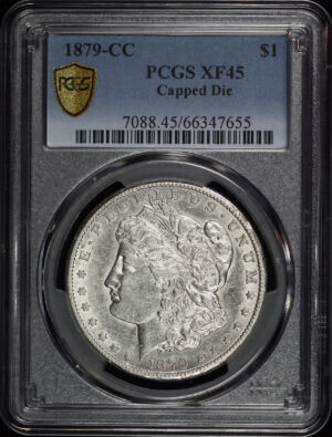 Obverse of this 1879-CC Morgan Dollar Capped Die PCGS XF-45