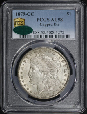 Obverse of this 1879-CC Morgan Dollar Capped Die PCGS AU-58 CAC