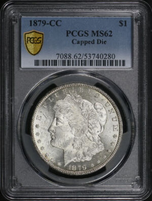 Obverse of this 1879-CC Morgan Dollar Capped Die PCGS MS-62