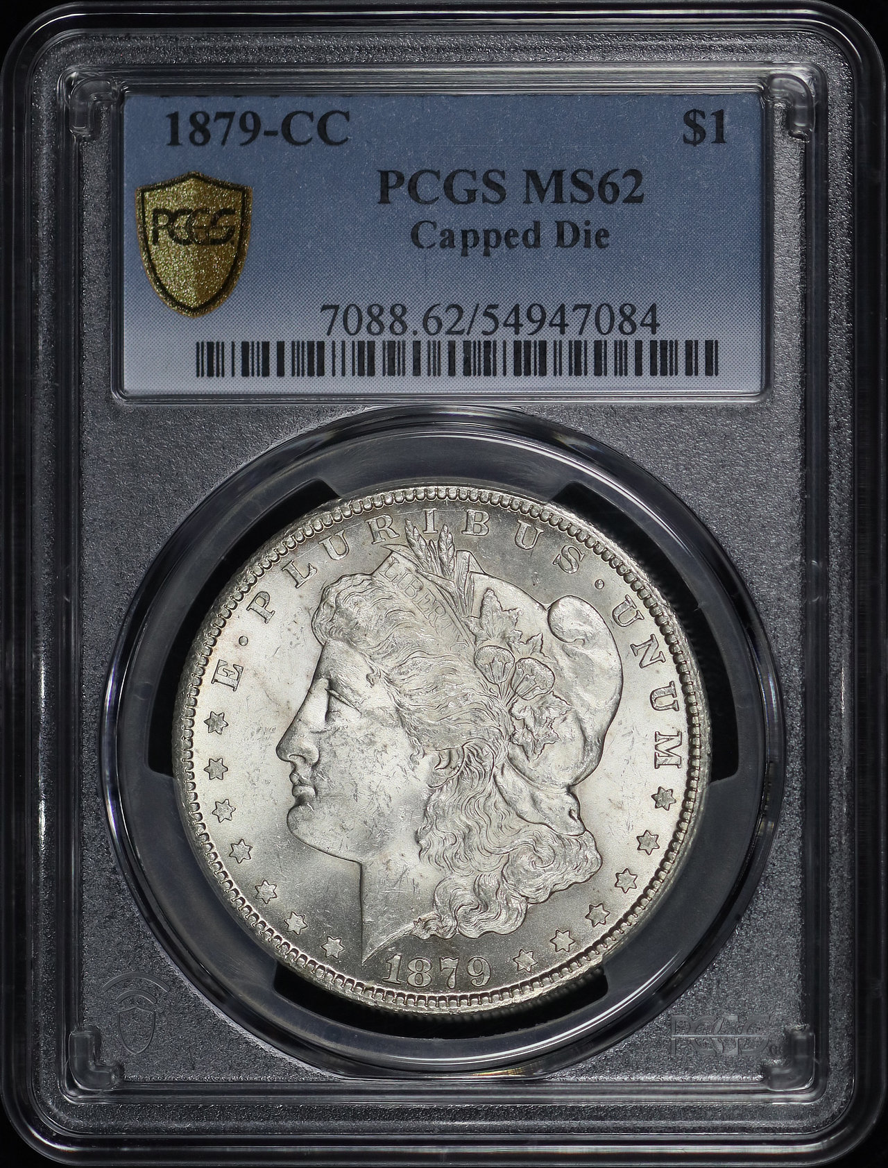 Obverse of this 1879-CC Morgan Dollar Capped Die PCGS MS-62